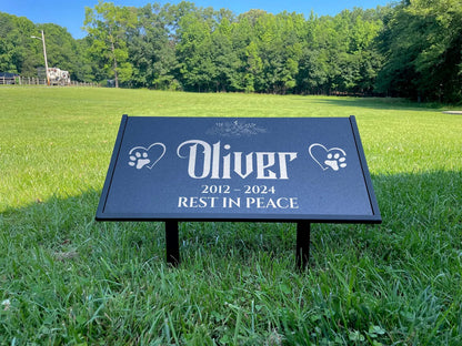 Custom Pet Memorial Stone – Black Granite Grave Marker for Dogs and Cats, 12x6 and 24x12 with Metal Stand