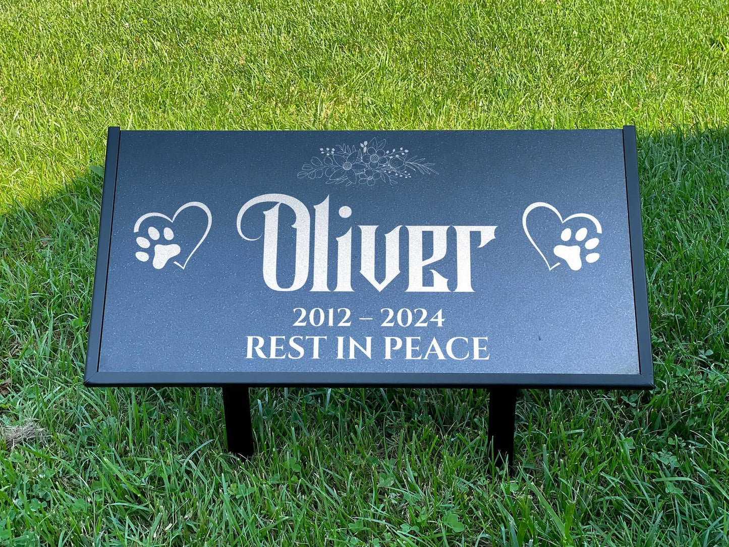 Custom Pet Memorial Stone – Black Granite Grave Marker for Dogs and Cats, 12x6 and 24x12 with Metal Stand