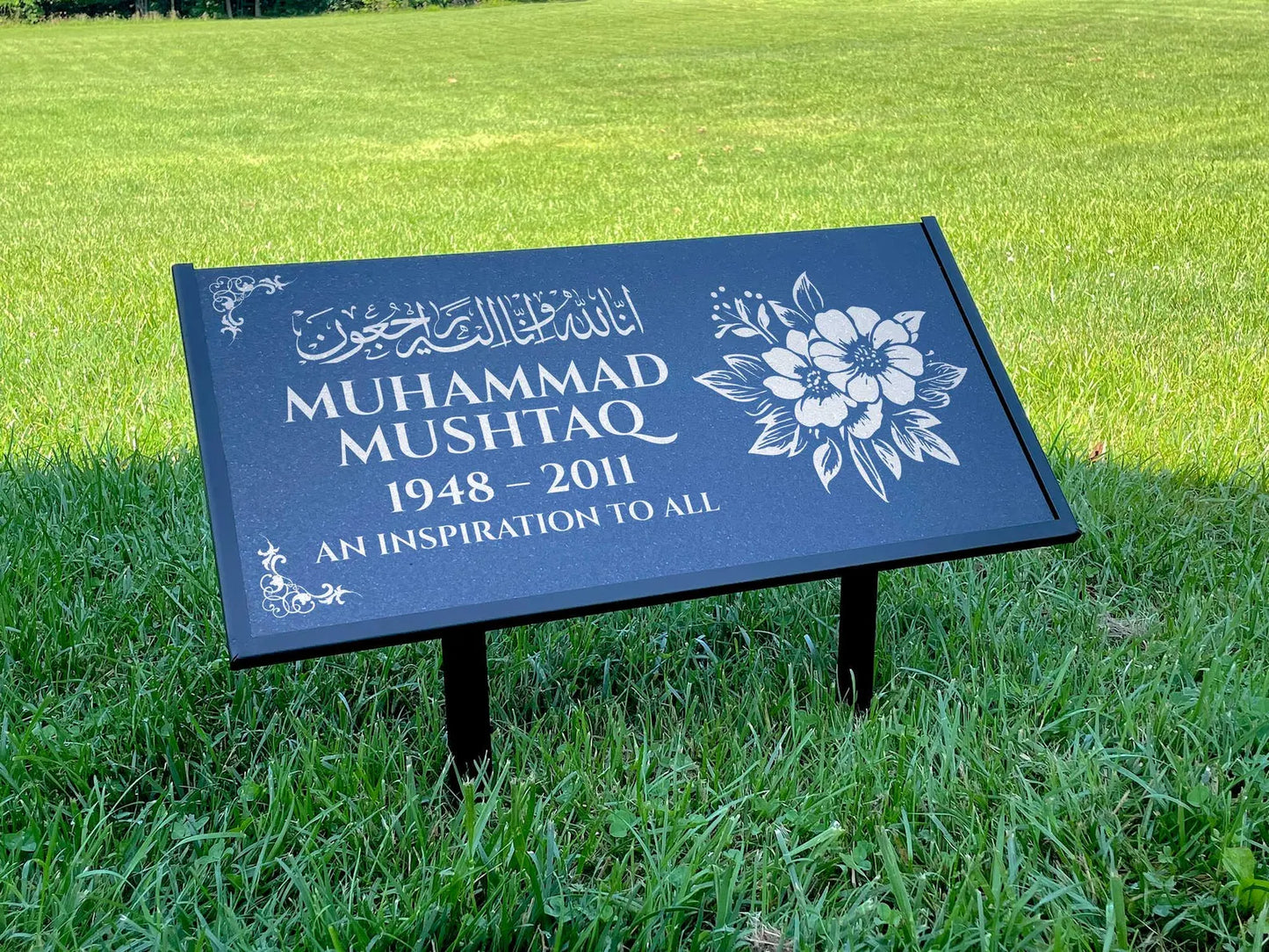 Islamic Black Granite Headstone – Personalized 12x6 & 24x12 Muslim Memorial Grave Marker with Metal Stand