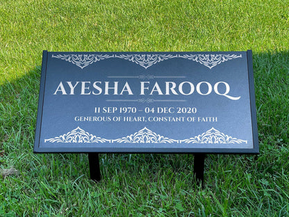 Islamic Black Granite Headstone – Personalized 12x6 & 24x12 Muslim Memorial Grave Marker with Metal Stand
