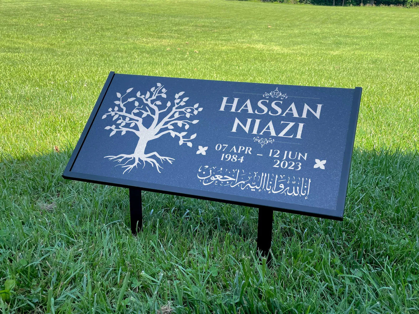 Islamic Black Granite Headstone – Personalized 12x6 & 24x12 Muslim Memorial Grave Marker with Metal Stand