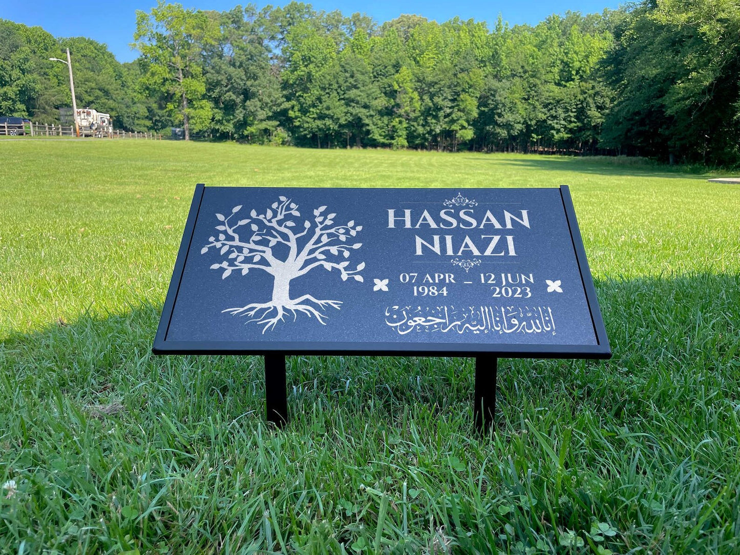 Islamic Black Granite Headstone – Personalized 12x6 & 24x12 Muslim Memorial Grave Marker with Metal Stand