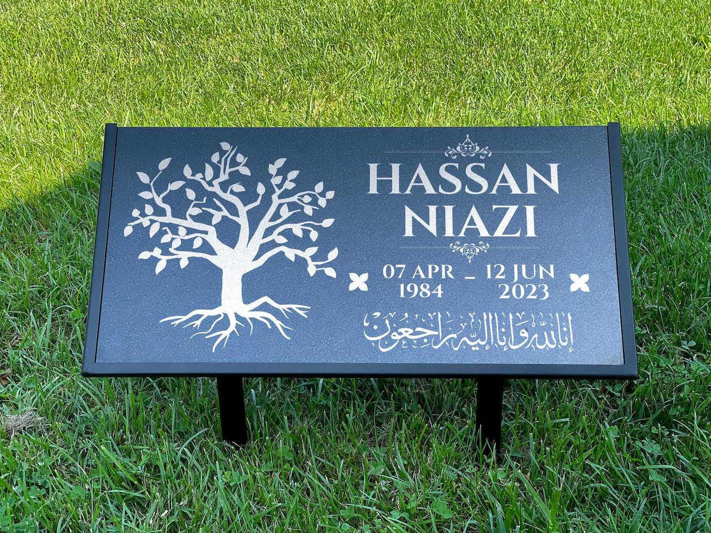 Islamic Black Granite Headstone – Personalized 12x6 & 24x12 Muslim Memorial Grave Marker with Metal Stand