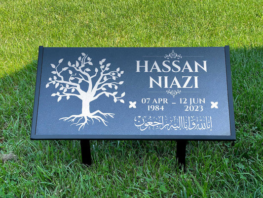 Islamic Black Granite Headstone – Personalized 12x6 & 24x12 Muslim Memorial Grave Marker with Metal Stand