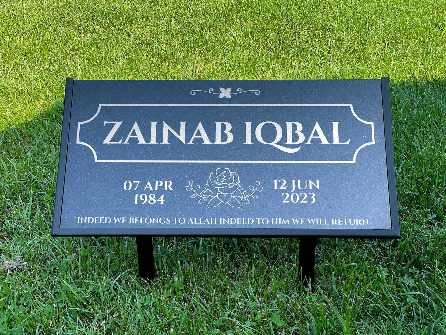 Islamic Black Granite Headstone – Personalized 12x6 & 24x12 Muslim Memorial Grave Marker with Metal Stand