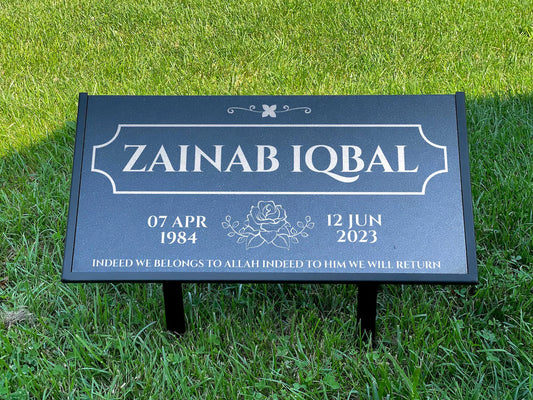 Islamic Black Granite Headstone – Personalized 12x6 & 24x12 Muslim Memorial Grave Marker with Metal Stand
