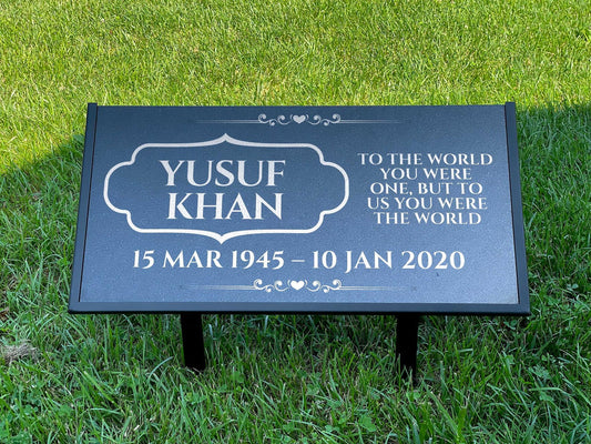 Islamic Black Granite Headstone – Personalized 12x6 & 24x12 Muslim Memorial Grave Marker with Metal Stand