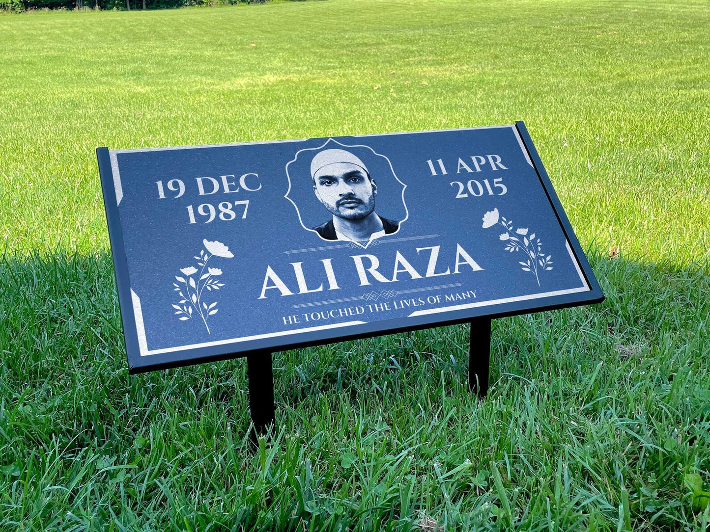 Personalized Black Granite Headstone, Tombstone with Photo 24x12 Memorial Grave Marker with Metal Stand, Graveyard sign