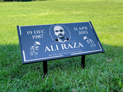 Personalized Black Granite Headstone, Tombstone with Photo 24x12 Memorial Grave Marker with Metal Stand, Graveyard sign