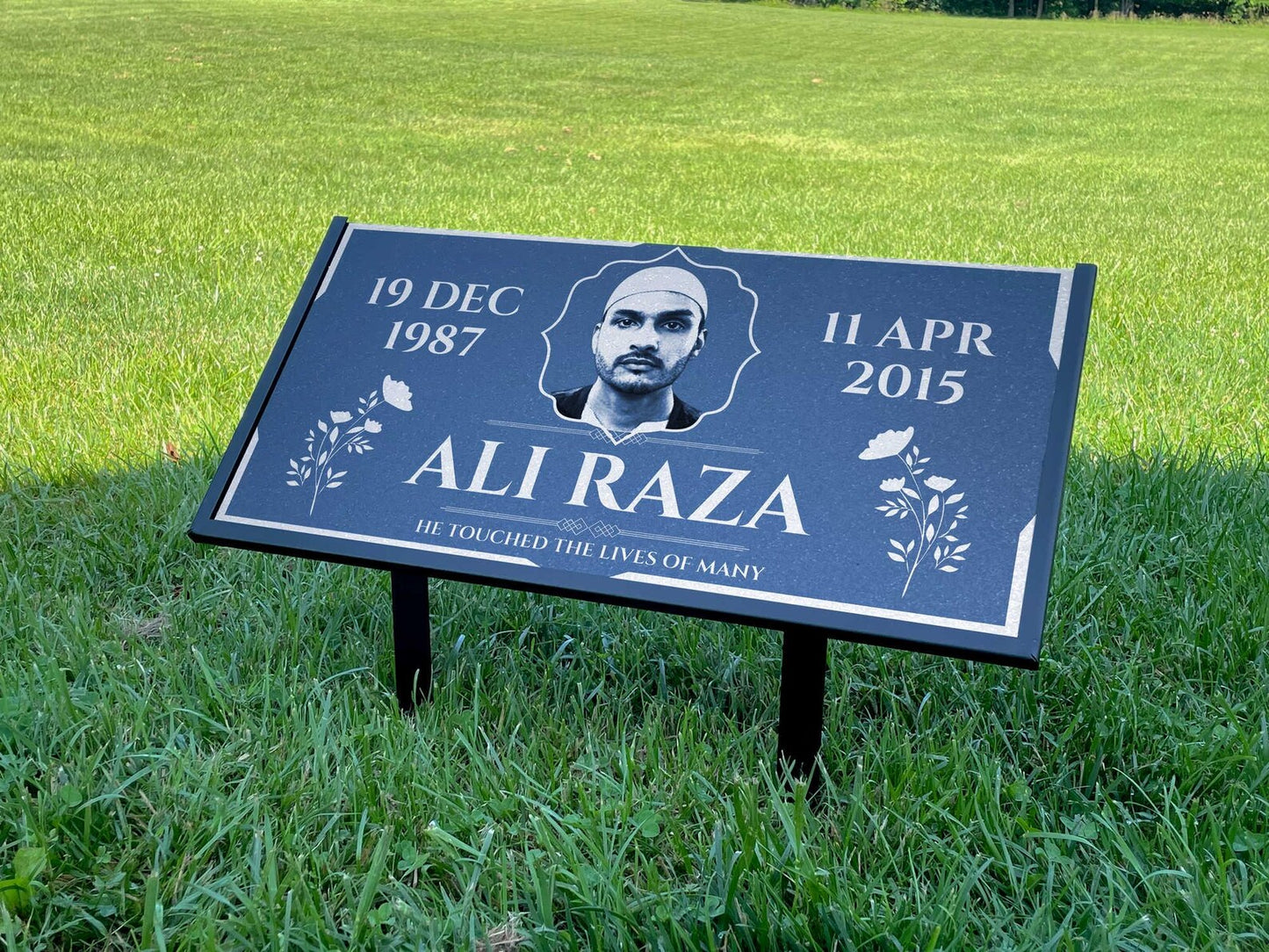 Personalized Black Granite Headstone, Tombstone with Photo 24x12 Memorial Grave Marker with Metal Stand, Graveyard sign