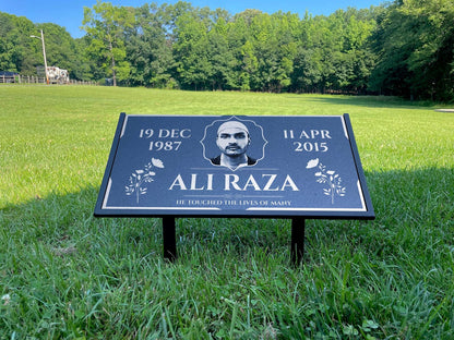 Personalized Black Granite Headstone, Tombstone with Photo 24x12 Memorial Grave Marker with Metal Stand, Graveyard sign