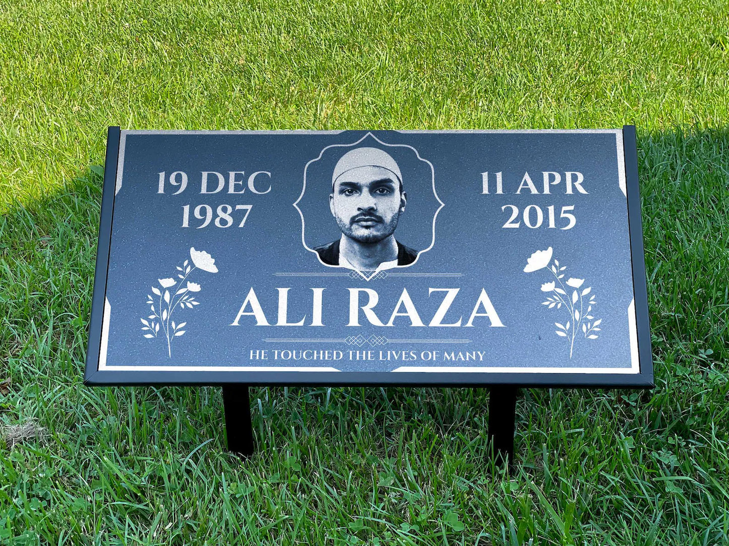 Personalized Black Granite Headstone, Tombstone with Photo 24x12 Memorial Grave Marker with Metal Stand, Graveyard sign