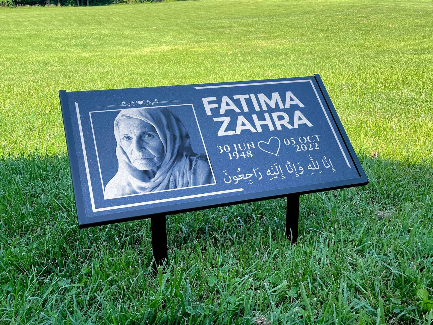 Islamic Black Granite Headstone – Personalized 24x12 Muslim Memorial Grave Marker with Metal Stand