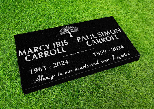 Custom Memorial Black Granite Stone, 12x24 inches Grave Marker for One or Two Loved Ones – Husband and Wife Headstone, Cemetery Tombstone (2)
