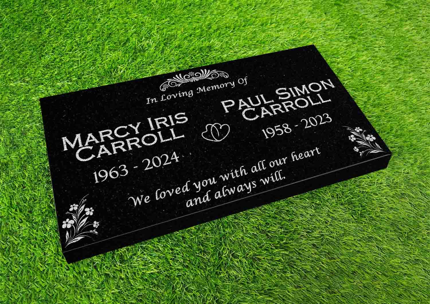 Custom Memorial Black Granite Stone, 12x24 inches Grave Marker for One or Two Loved Ones – Husband and Wife Headstone, Cemetery Tombstone (2)