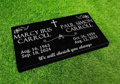 Custom Memorial Black Granite Stone, 12x24 inches Grave Marker for One or Two Loved Ones – Husband and Wife Headstone, Cemetery Tombstone (2)