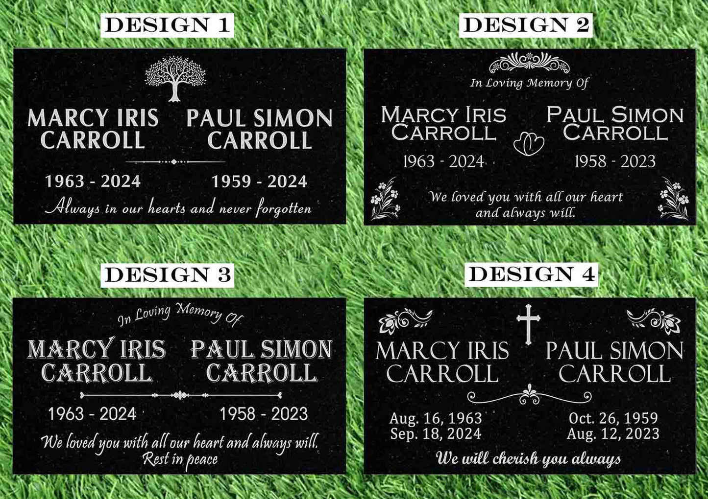 Custom Memorial Black Granite Stone, 12x24 inches Grave Marker for One or Two Loved Ones – Husband and Wife Headstone, Cemetery Tombstone (2)