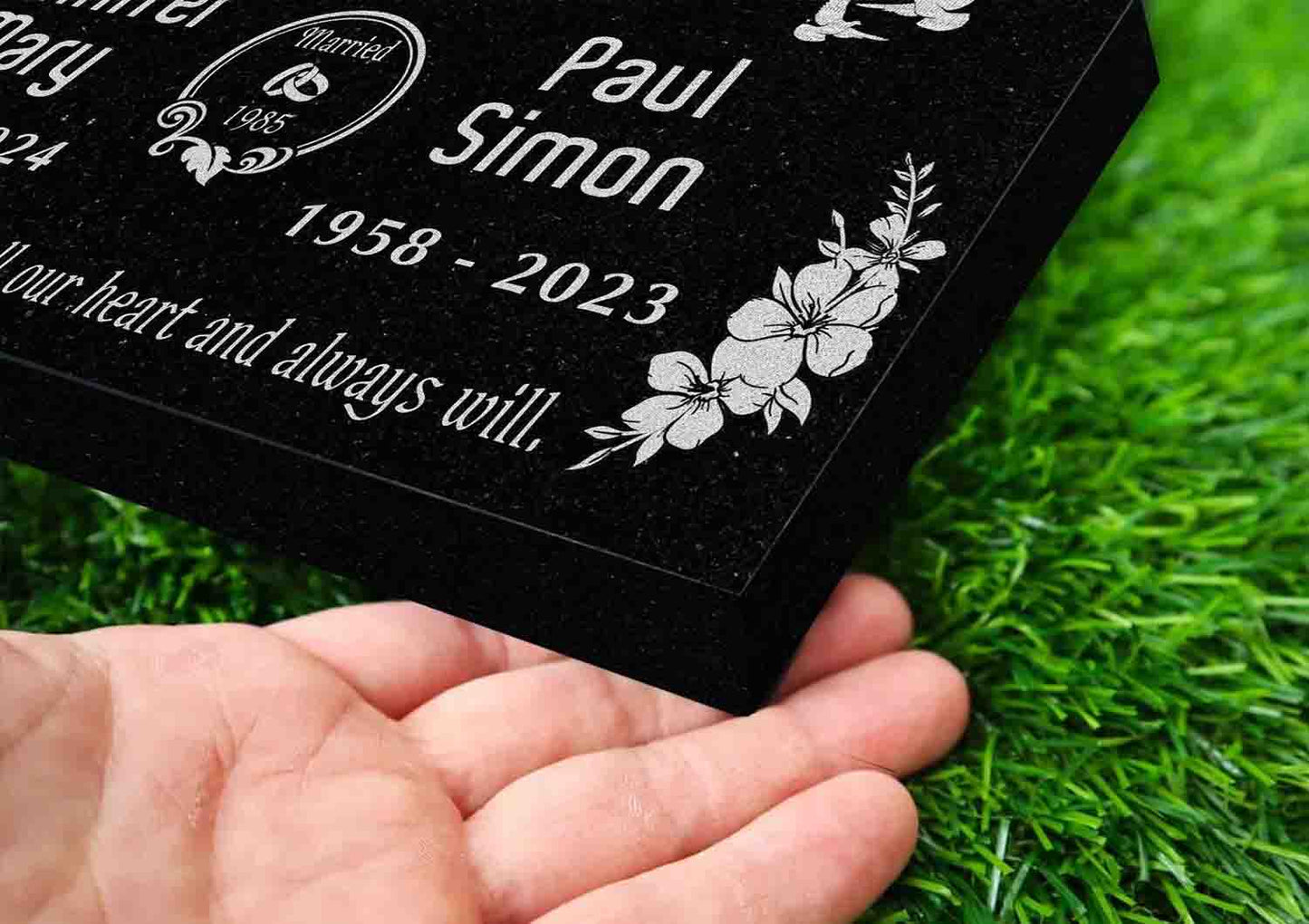 Custom Memorial Black Granite Stone, 12x24 inches Grave Marker for One or Two Loved Ones – Husband and Wife Headstone, Cemetery Tombstone (2)