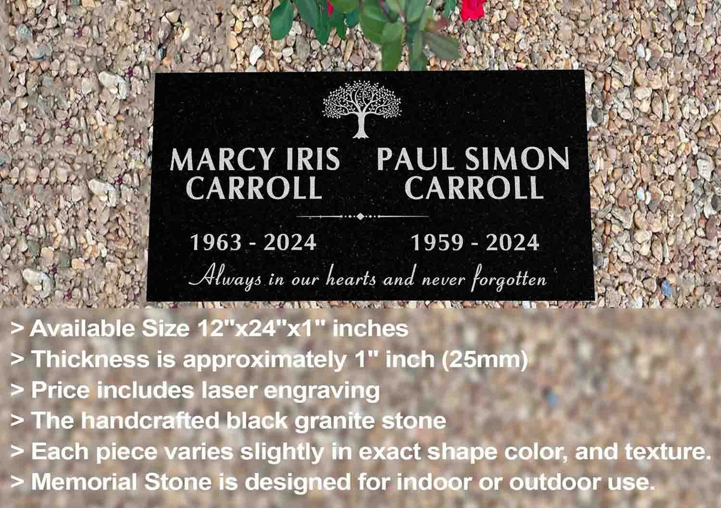 Custom Memorial Black Granite Stone, 12x24 inches Grave Marker for One or Two Loved Ones – Husband and Wife Headstone, Cemetery Tombstone (2)