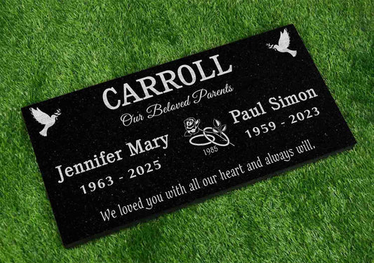 Custom Memorial Black Granite Stone, 12x24 inches Grave Marker for One or Two Loved Ones – Husband and Wife Headstone, Cemetery Tombstone