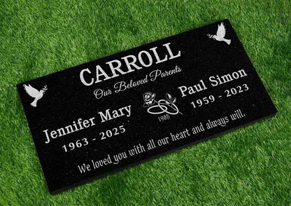 Custom Memorial Black Granite Stone, 12x24 inches Grave Marker for One or Two Loved Ones – Husband and Wife Headstone, Cemetery Tombstone