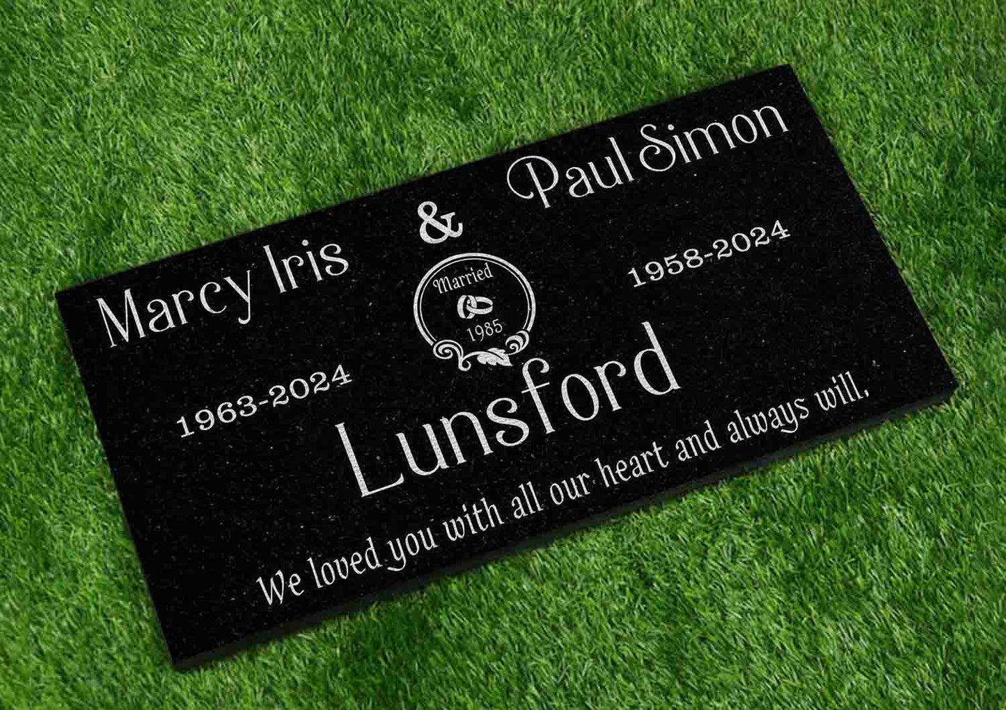 Custom Memorial Black Granite Stone, 12x24 inches Grave Marker for One or Two Loved Ones – Husband and Wife Headstone, Cemetery Tombstone