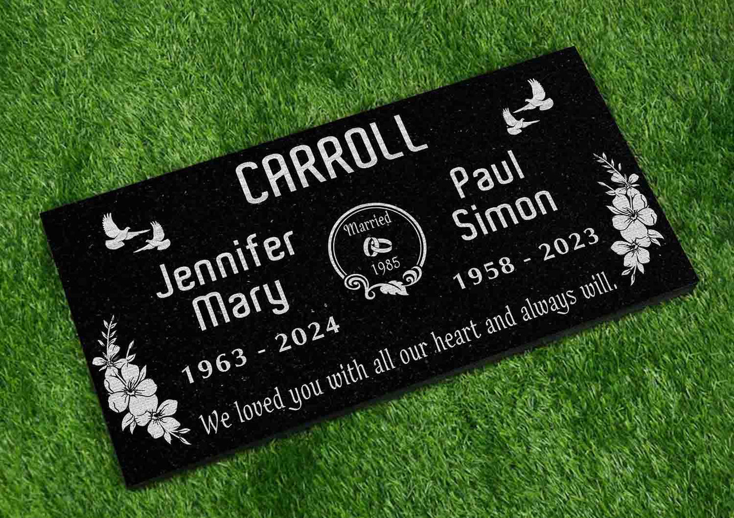 Custom Memorial Black Granite Stone, 12x24 inches Grave Marker for One or Two Loved Ones – Husband and Wife Headstone, Cemetery Tombstone