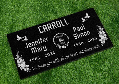 Custom Memorial Black Granite Stone, 12x24 inches Grave Marker for One or Two Loved Ones – Husband and Wife Headstone, Cemetery Tombstone