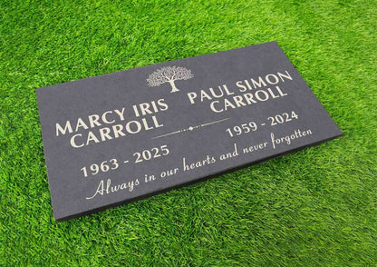 Custom Memorial Gray Slate Stone, 12x24 inches Grave Marker for One or Two Loved Ones, Husband and Wife Headstone, Cemetery Tombstone (2)