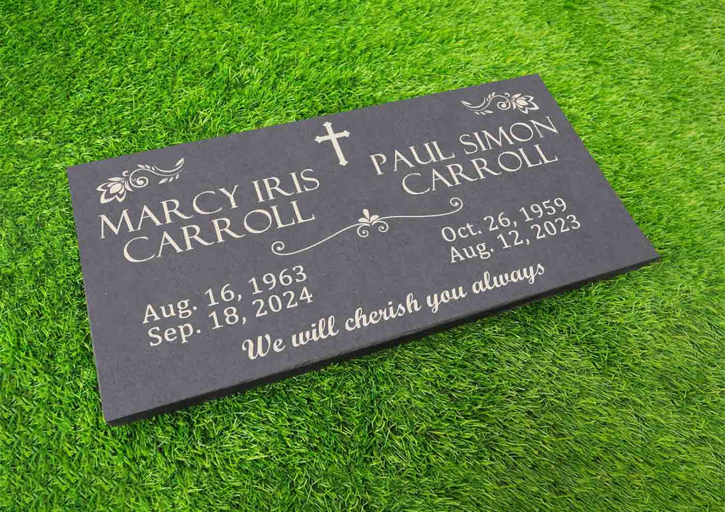 Custom Memorial Gray Slate Stone, 12x24 inches Grave Marker for One or Two Loved Ones, Husband and Wife Headstone, Cemetery Tombstone (2)