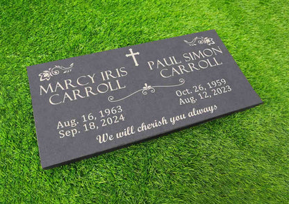 Custom Memorial Gray Slate Stone, 12x24 inches Grave Marker for One or Two Loved Ones, Husband and Wife Headstone, Cemetery Tombstone (2)