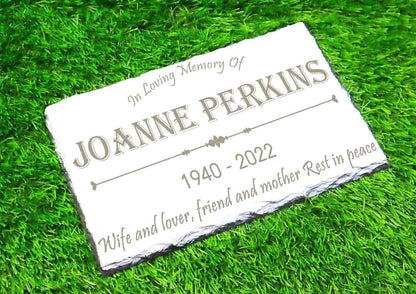 Custom Memorial White Slate Stone, Personalized 7.5 x 11.5 inches, Chipped Edge Memorial Grave Marker Headstone, Condolences Garden Marker