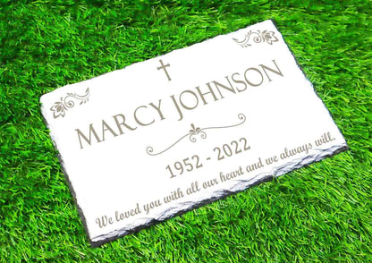 Custom Memorial White Slate Stone, Personalized 7.5 x 11.5 inches, Chipped Edge Memorial Grave Marker Headstone, Condolences Garden Marker
